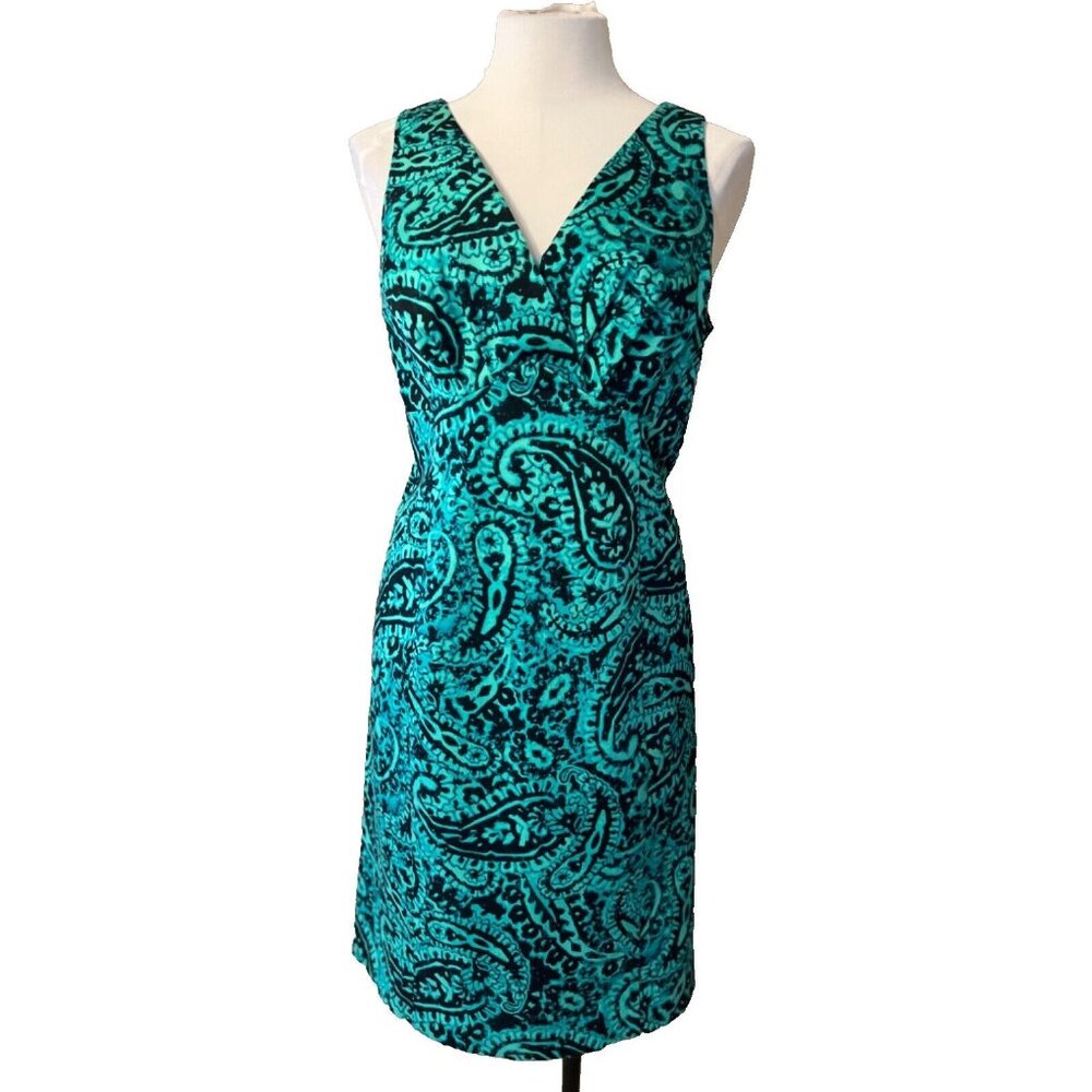 Jones New York Dress 10 Stretch Cotton Sheath Green Blue Paisley Washable - Picture 4 of 12